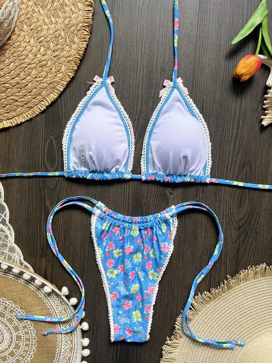 Floral Print Halter Strappy Bikini