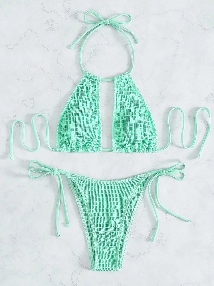 Halter Tie Side Hollow Out Smocked Bikini