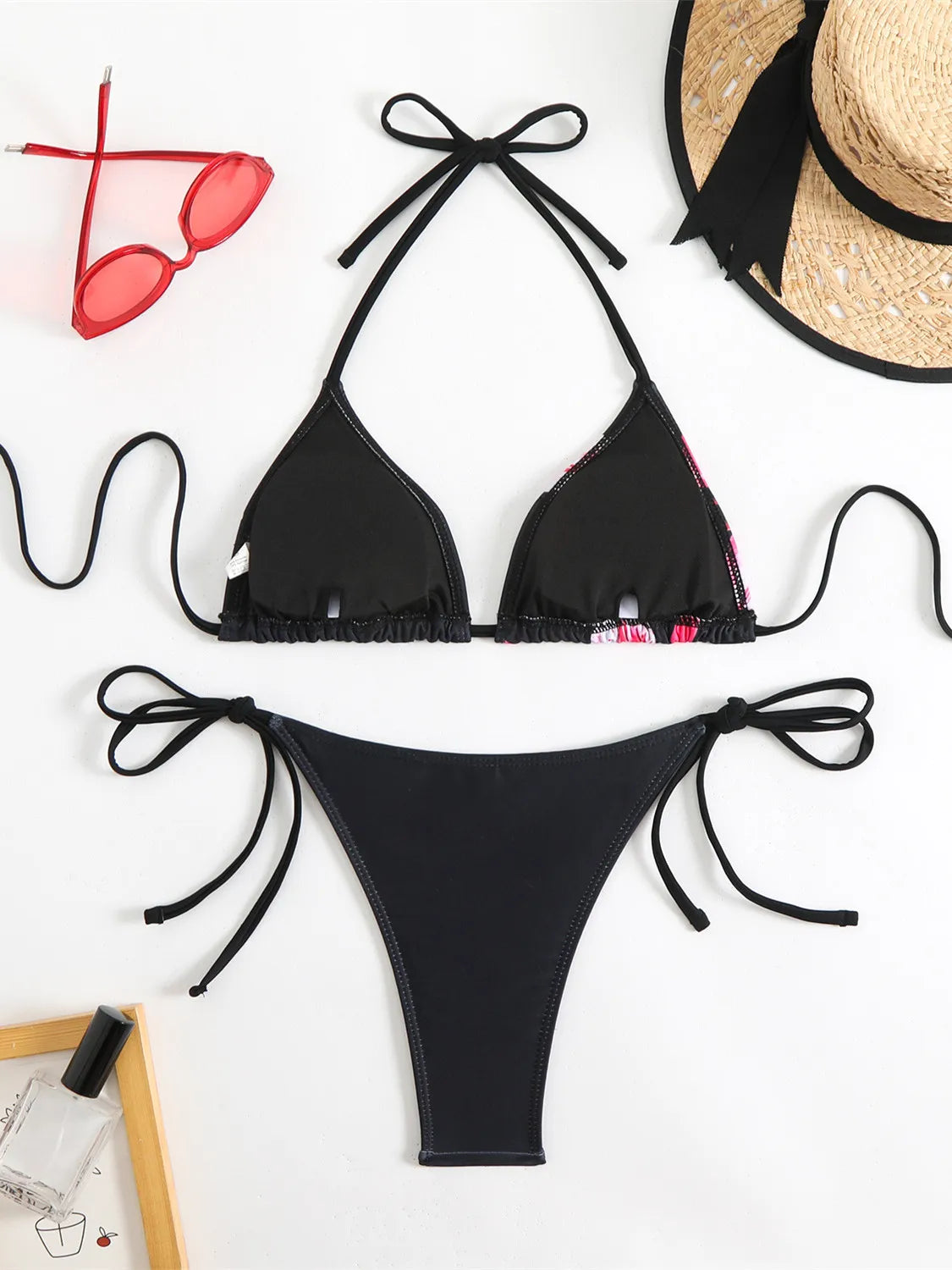 Black Floral Print Push Up Bra Tie Side Thong Swimsuit