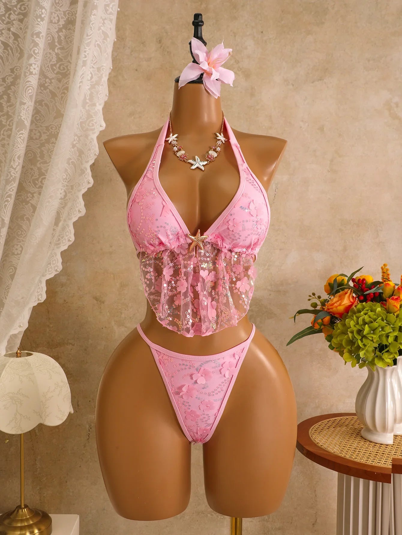 Sexy Mesh 3D Flower Cover Up 3 Piece Bikini Set