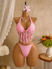 Sexy Mesh 3D Flower Cover Up 3 Piece Bikini Set