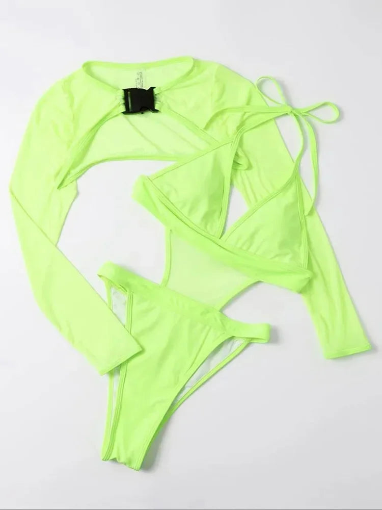 Neon Long Sleeve High Cut Out Women Swimwear One Piece Swimsuit