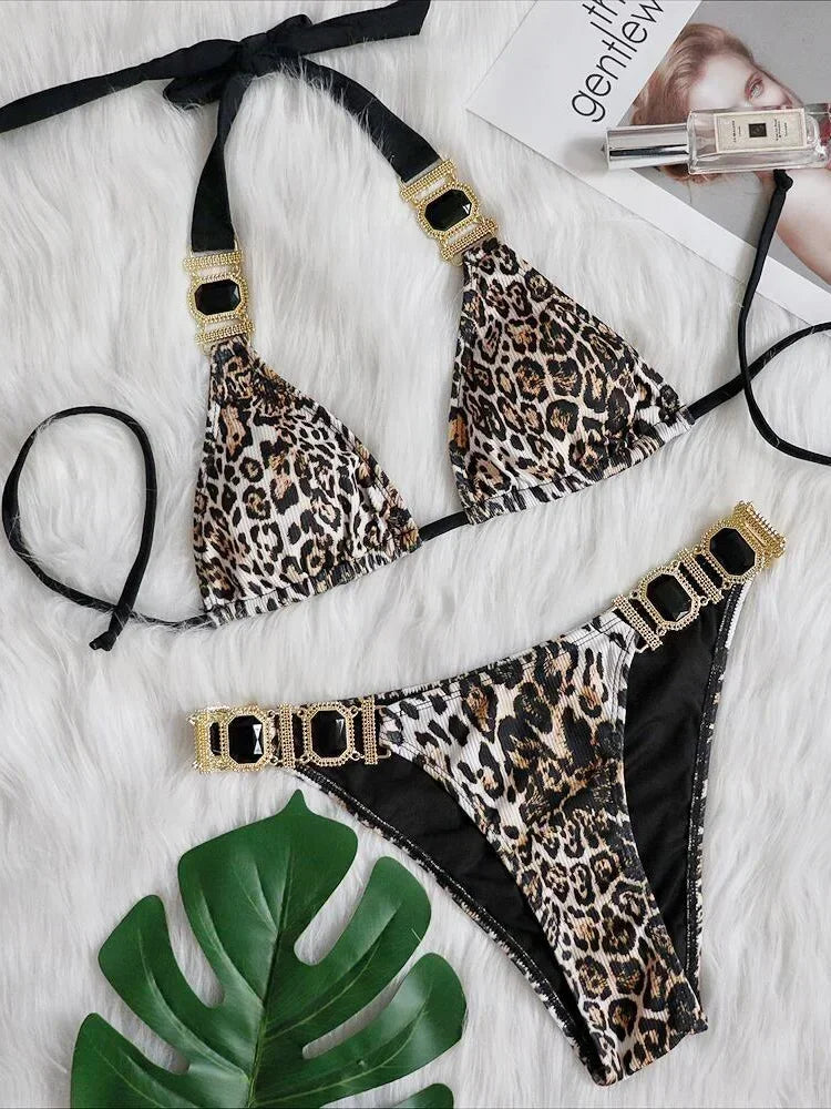 Sexy Leopard Halter Rhinestone Diamond Bikini