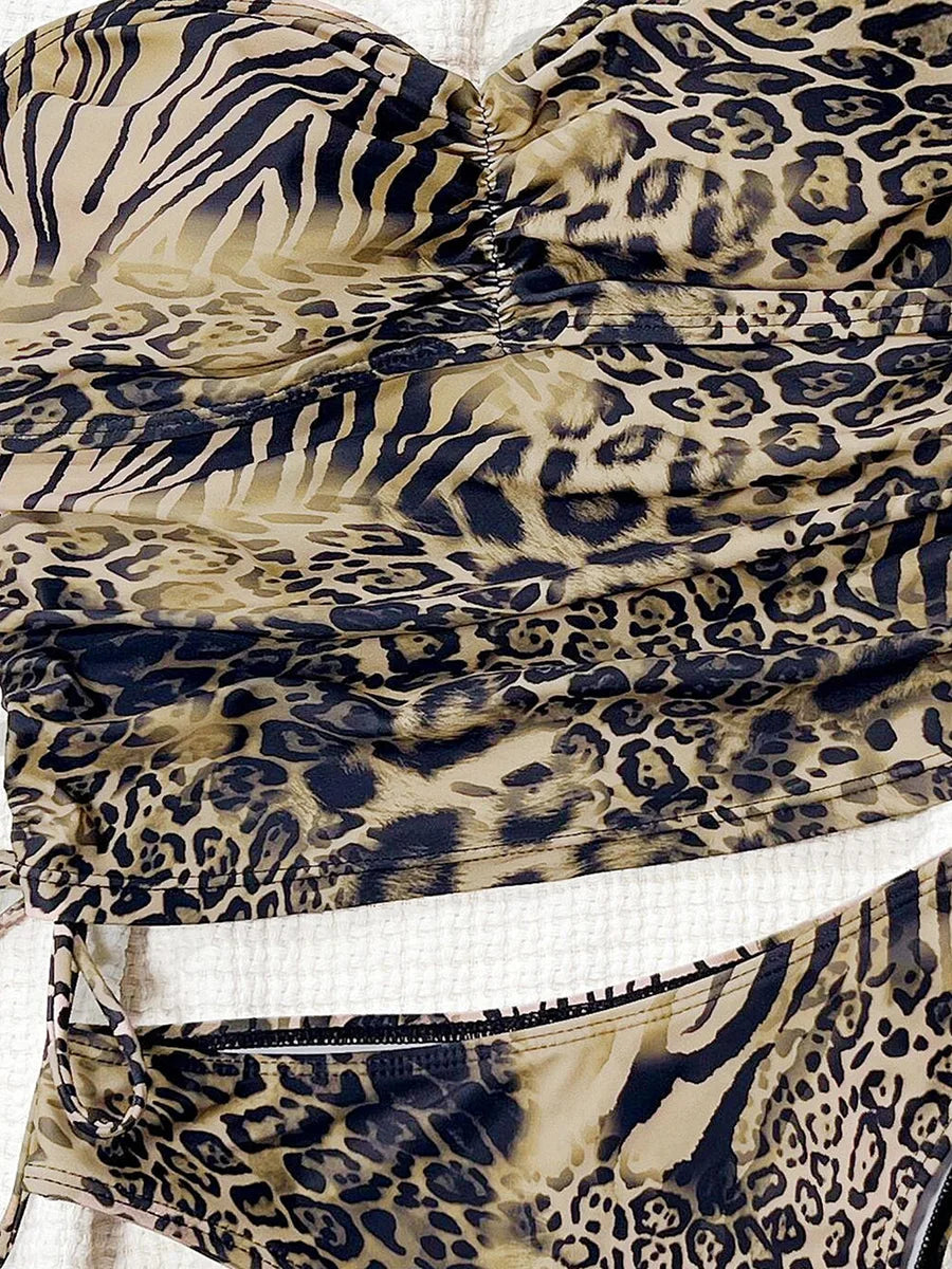 Leopard Tankini Bandeau High Cut Bikini