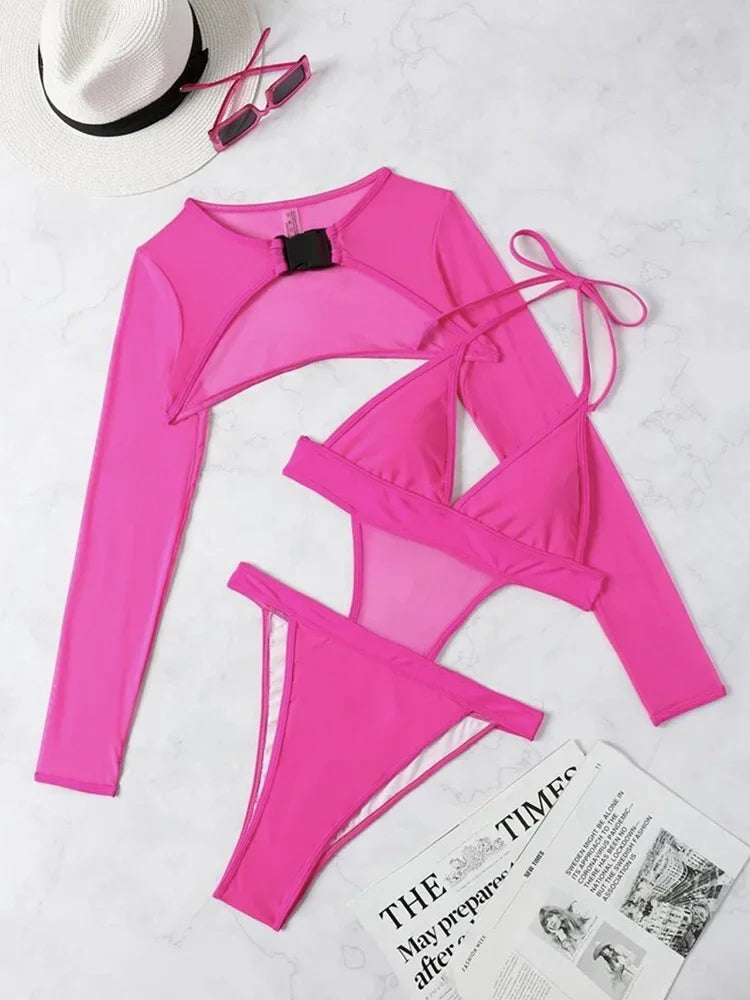 Neon Long Sleeve High Cut Out Women Swimwear One Piece Swimsuit