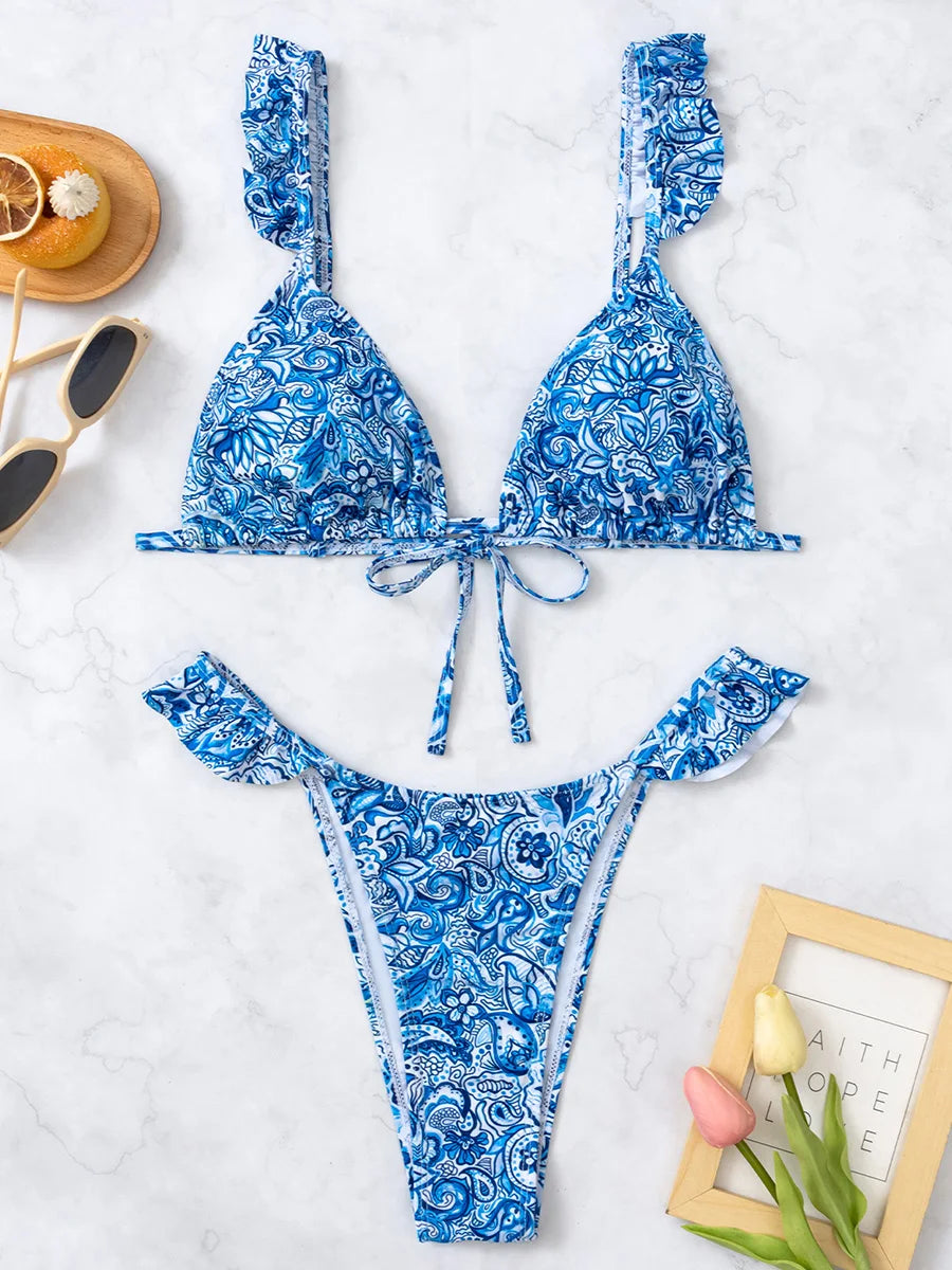 Floral Printed Ruffled Frilled Bikin Women Swimwear Female Swimsuit