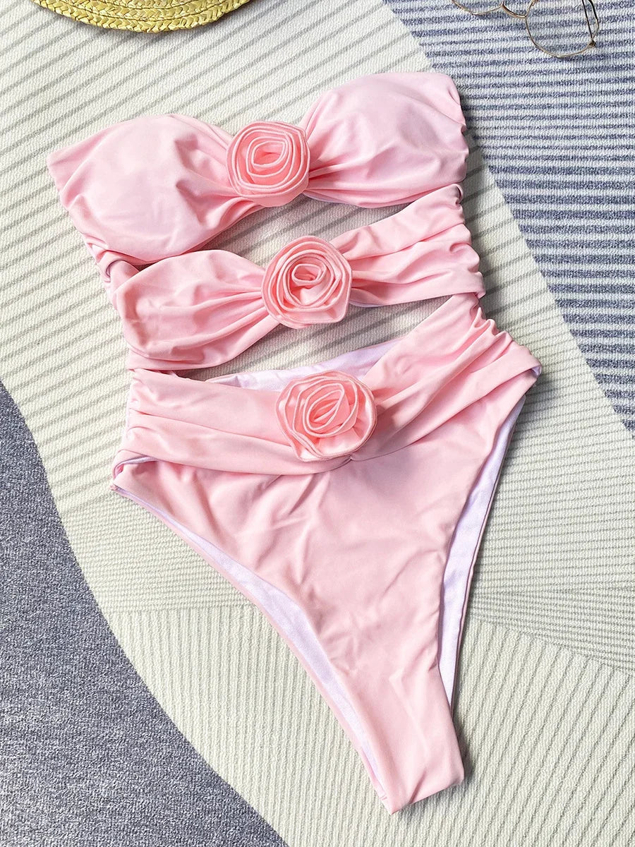 Sexy 3D Flowers Bandeau Monokini Hollow Out Female Swimwear One Piece Swimsuit