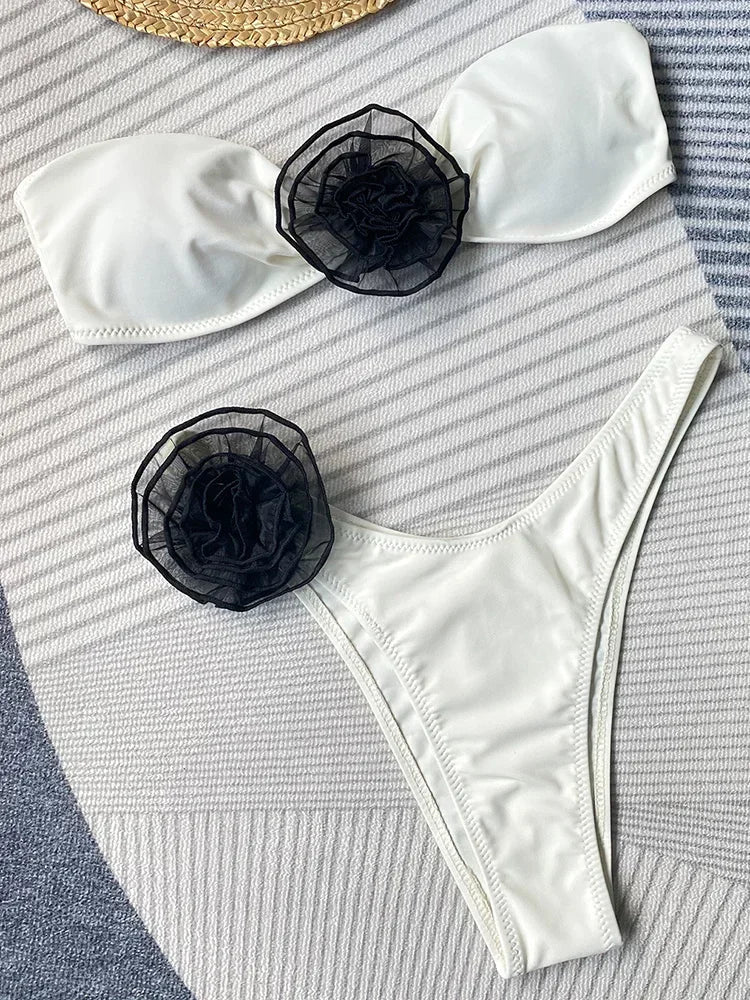 3D Flowers Striped Bikini