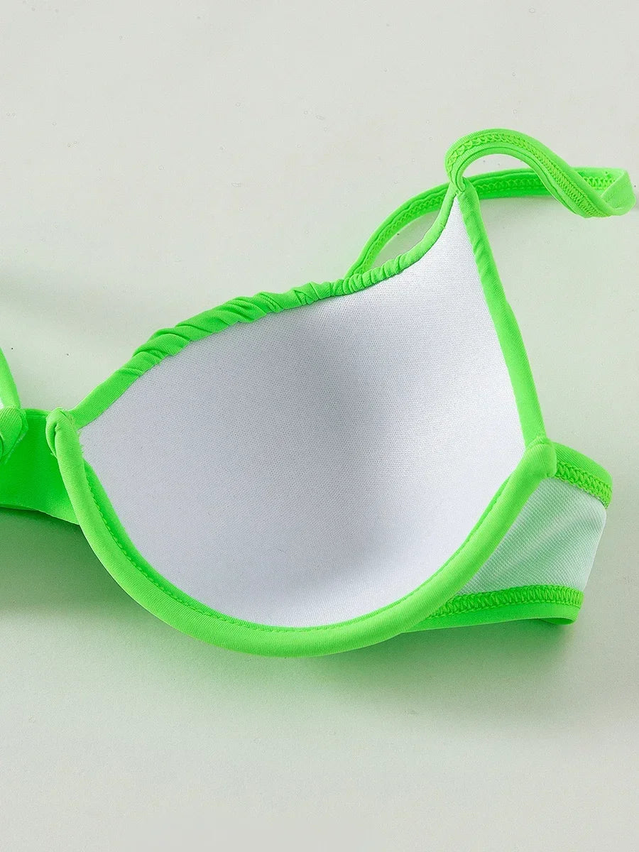 Neon Green Wrinkled Underwired Bra Cup Bikini