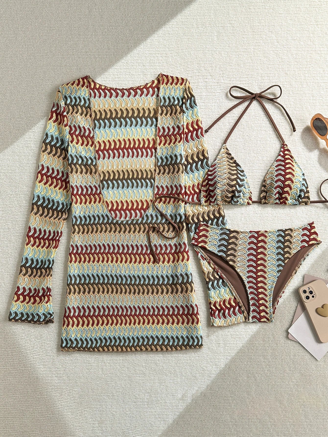 Vintage Coffee Striped Long Sleeve Dress 3 Piece Bikini Set