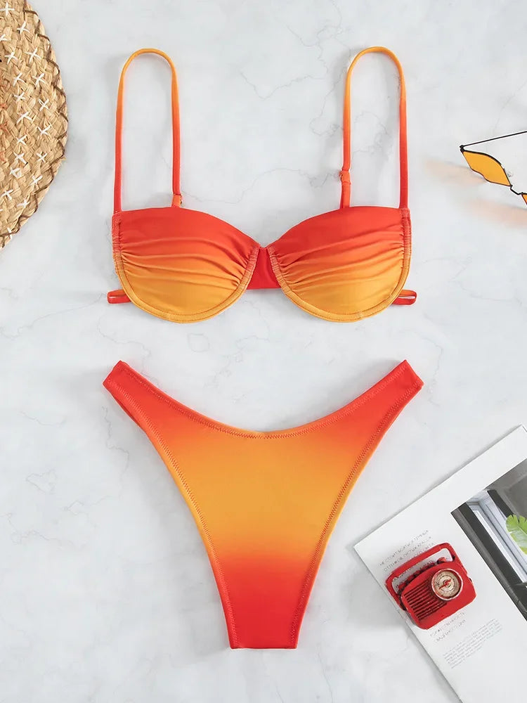 Gradient Wrinkled Underwired Brazilian Bikini