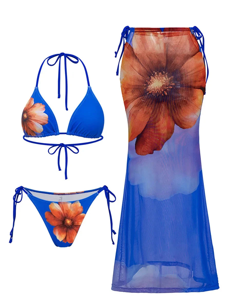 With Skirt Flower Floral Halter String Bikini