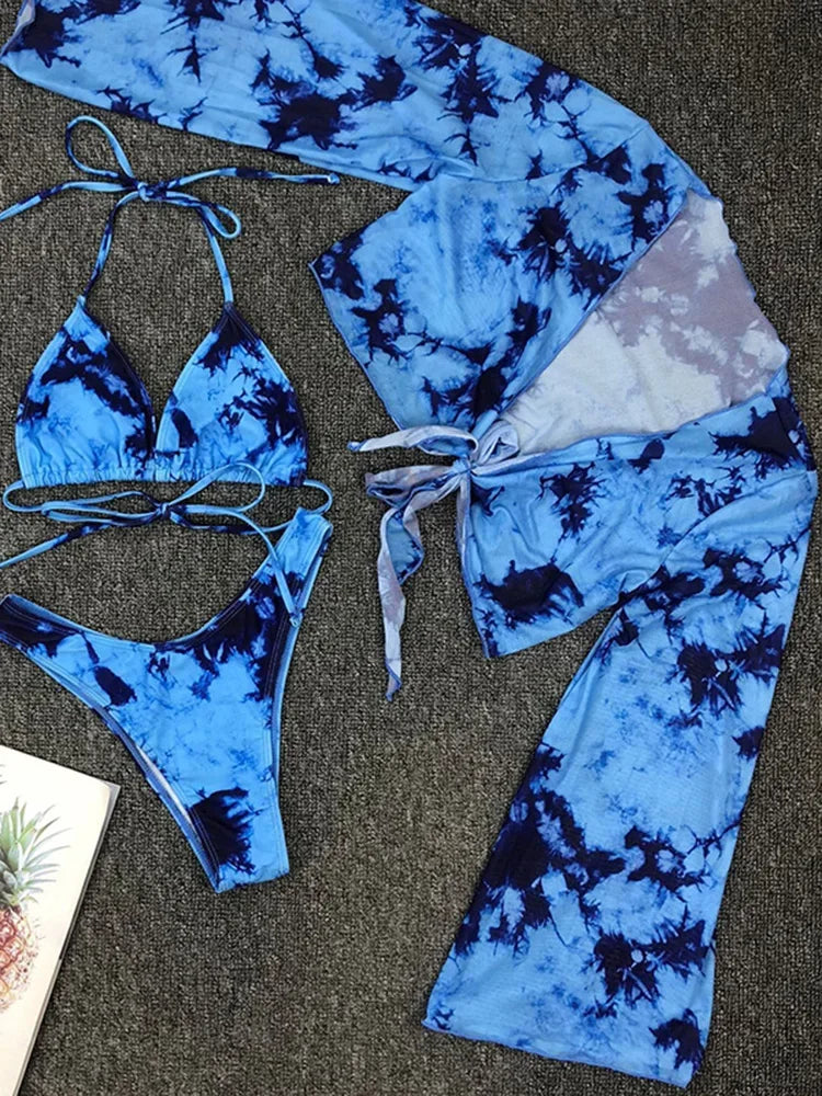 Marble Printed Mesh Long Sleeve Bikini