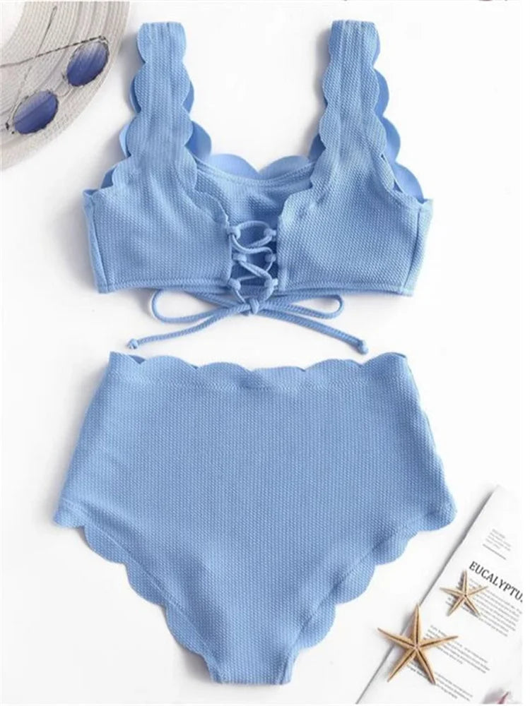 Solid Blue Two Pieces Swimsuit