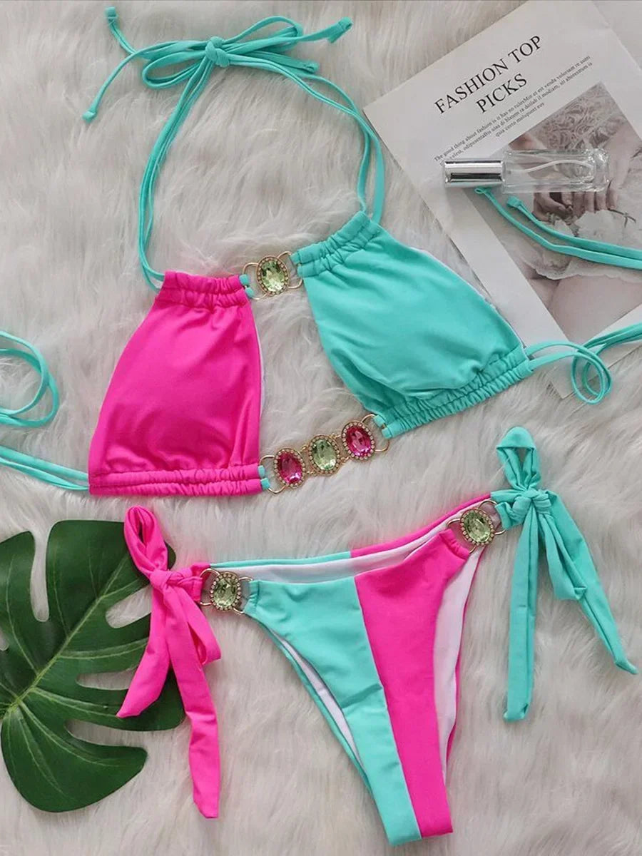 Splicing Jewelled Diamond Bikini