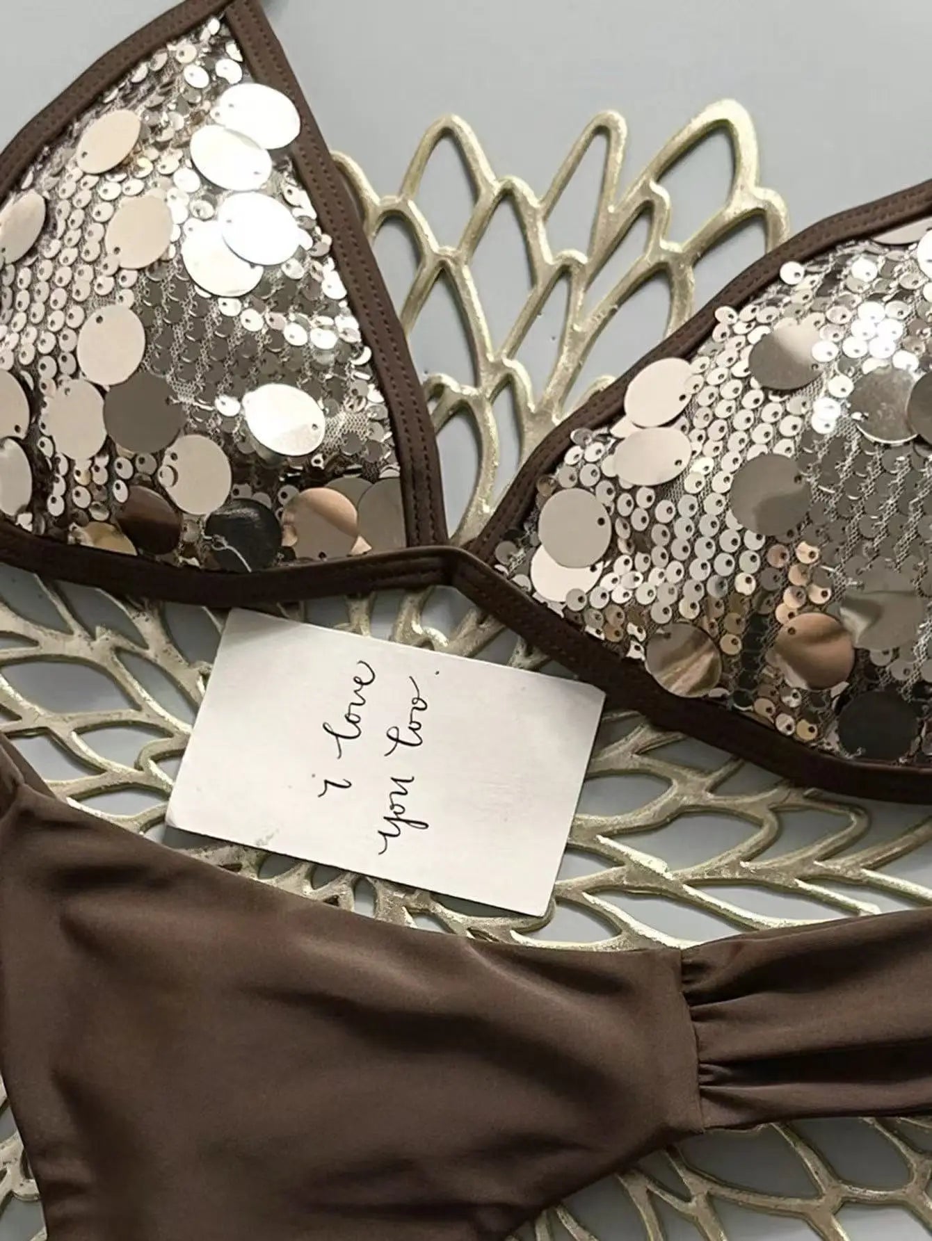 Shiny Sequin Coffee Patchwork Bikini Set