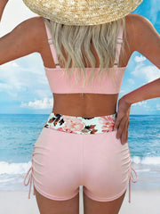 Vintage Pink Floral Print Tankini Women Cross Push Up Bra Drawstring Side High Waist Swimsuit