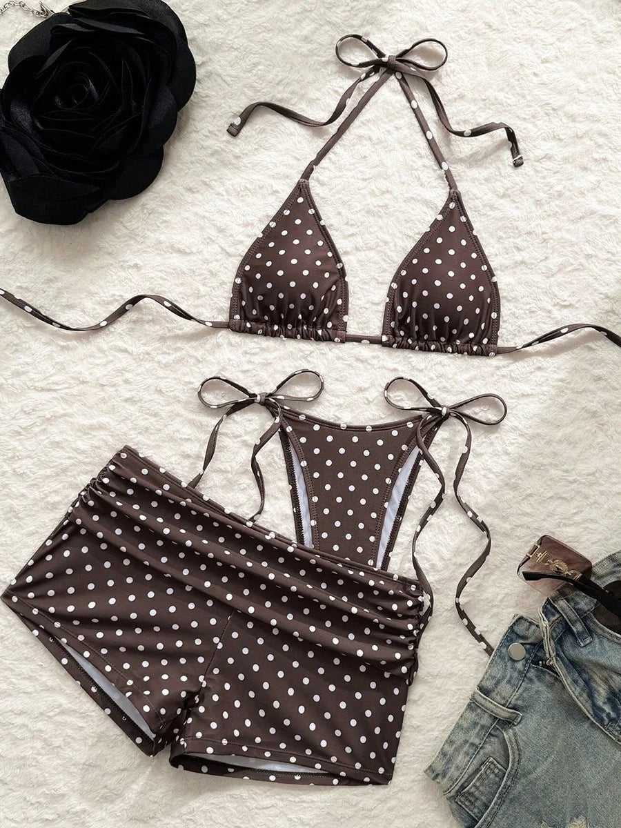 With Shorts Polka Dot Halter Mini Micro Thong Bikini