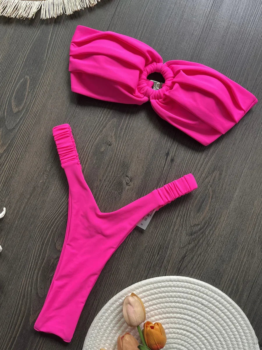 Wrinkled Bandeau High Cut Mini Thong Bikini