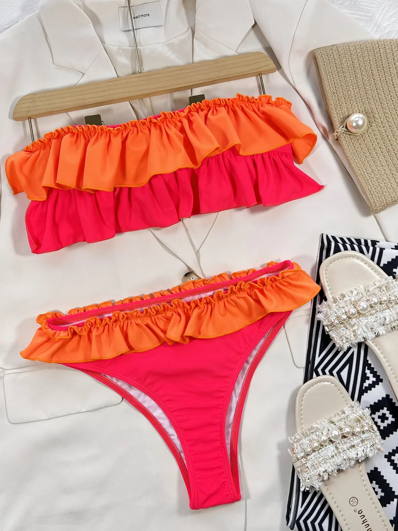 Orange Patchwork Push Up Ruffles Micro Swimwear