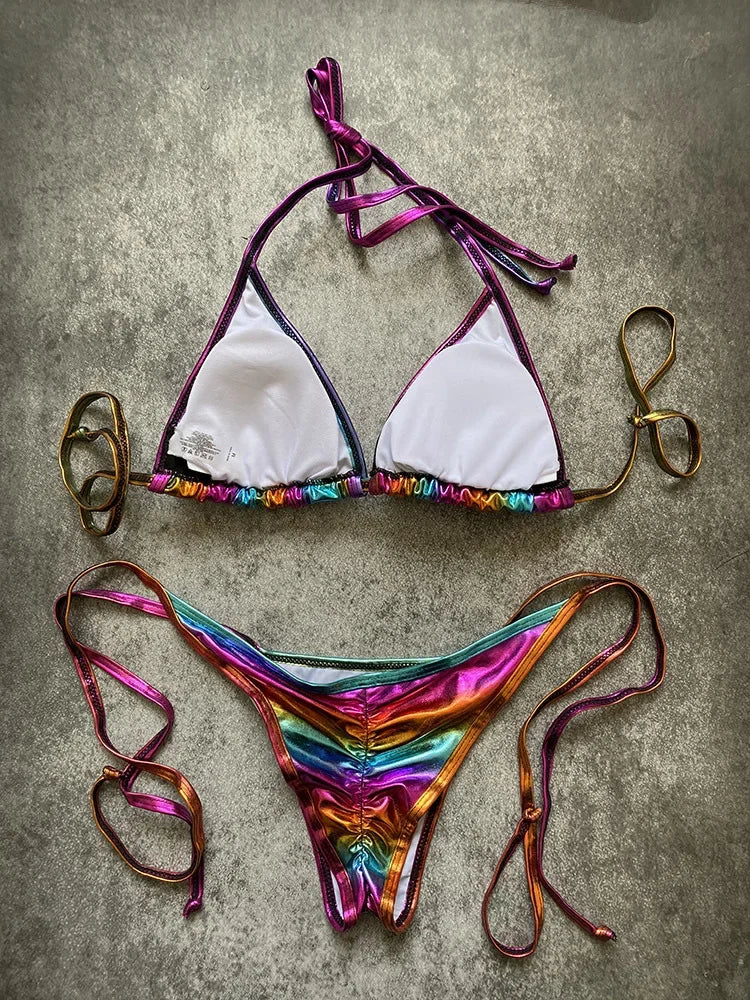 Shiny Swimwear Women Halter Bathers Bling Sequin Bikini Set