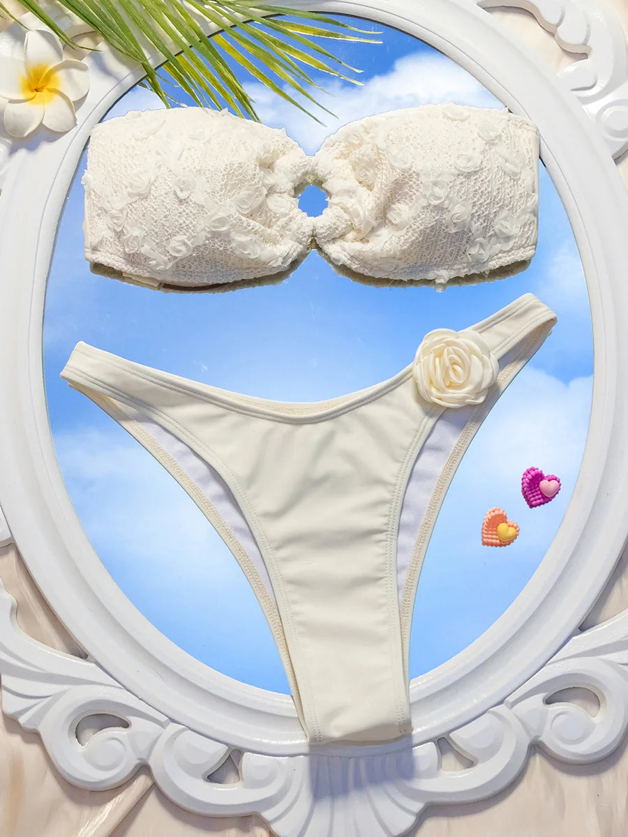 3D Flowers High Leg Cut Bandeau Bikini