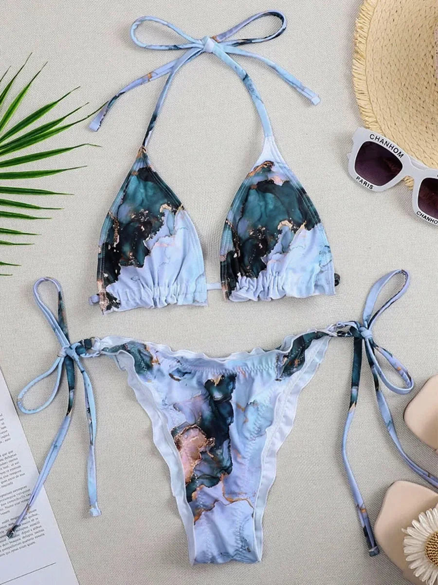Halter String Ruffled Frilled Bikini