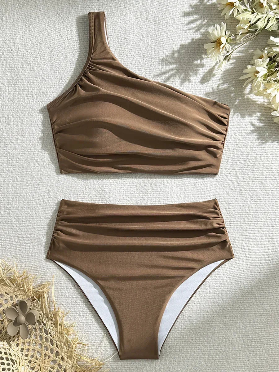 Sexy Wrinkled One Shoulder High Waist Bikini