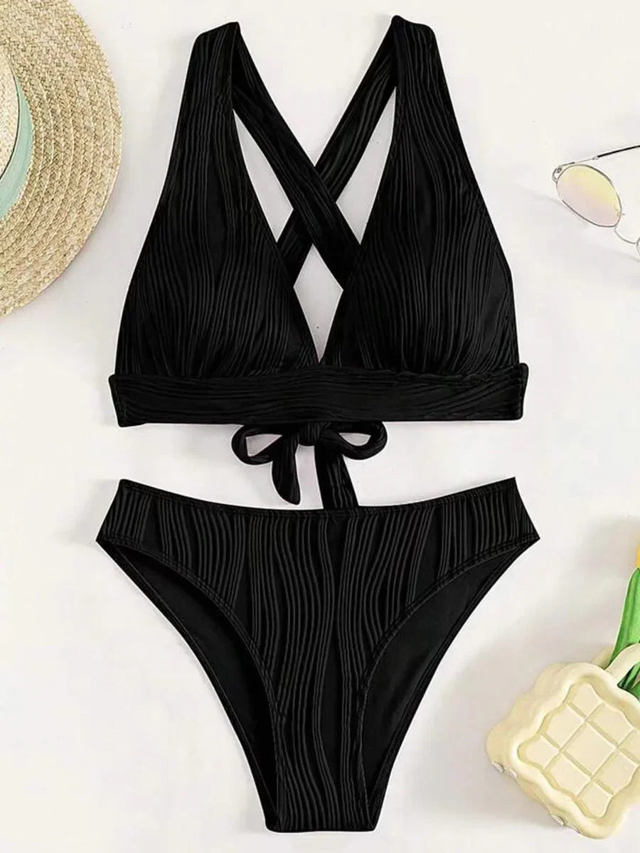 Wrinkled Crinkled Cross Back Bikini