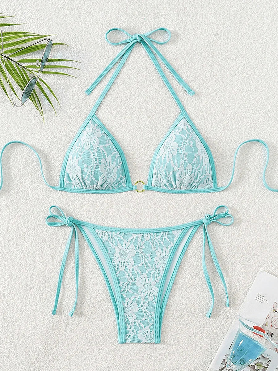 Embroidery Mesh Lace Halter Bikini
