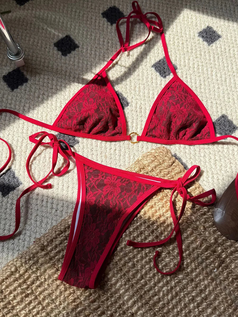 Embroidery Mesh Lace Halter Bikini
