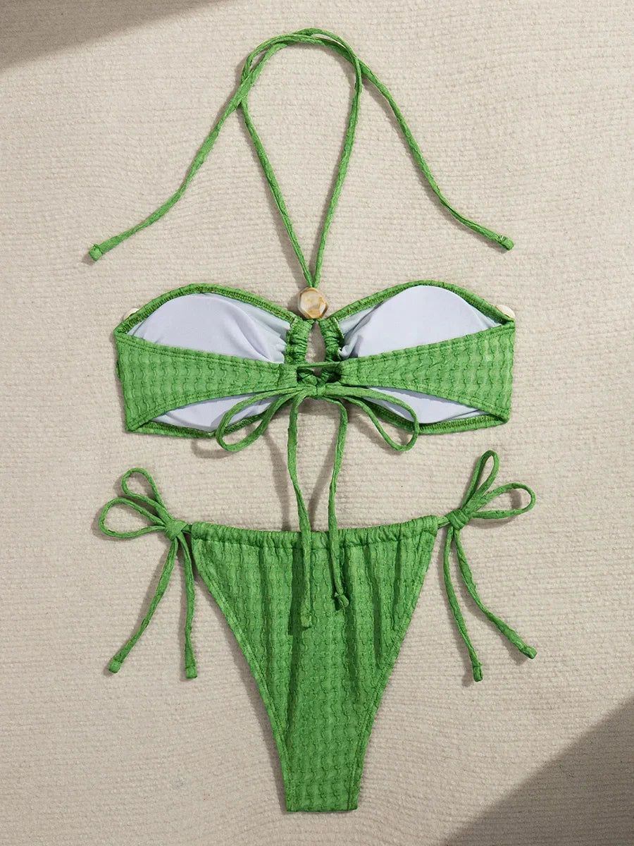 Wrinkled Hollow Out Halter Strappy Bikini