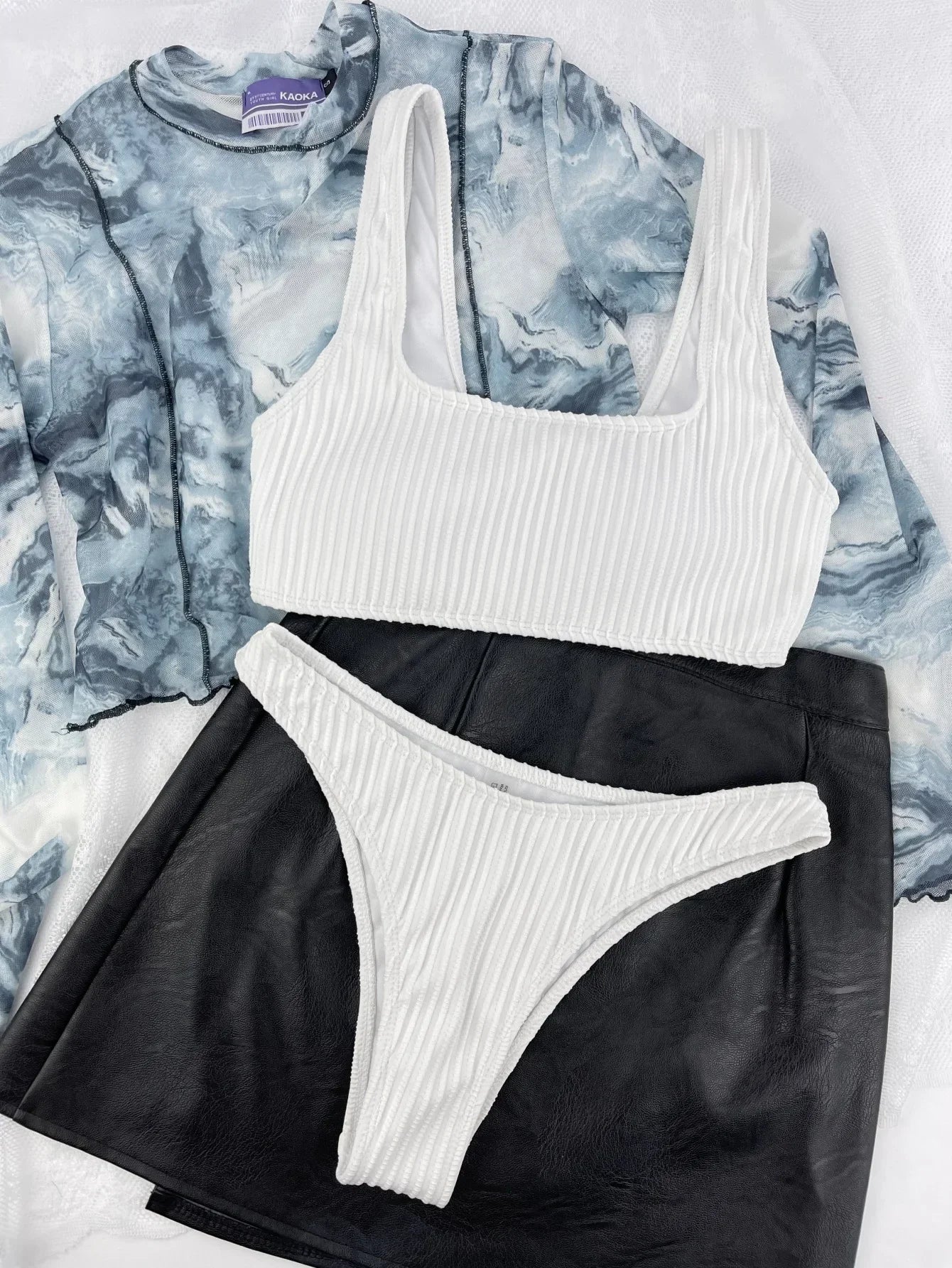 White Black Ribbed Push Up Micro Swimsuit