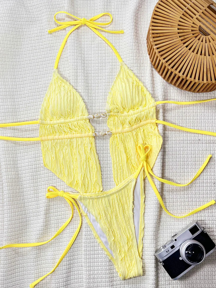 S - XL Wrinkled Tankini Halter Micro Bikini