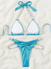 Snake Printed Halter Rhinestone Diamond Bikini