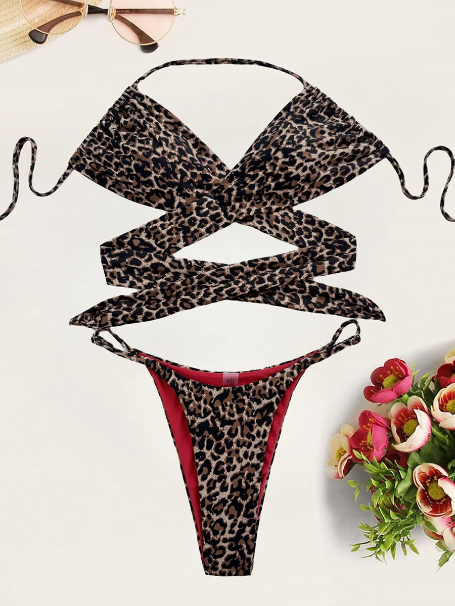 XS - L Leopard Halter Mini Micro Bikini