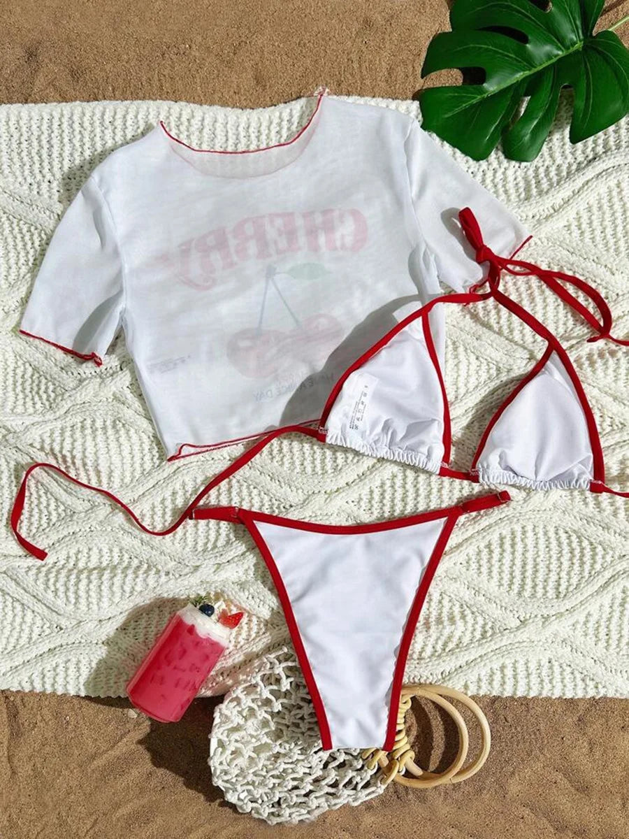 Cherry Print Mesh Short Sleeve Bikini