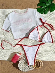Cherry Print Mesh Short Sleeve Bikini