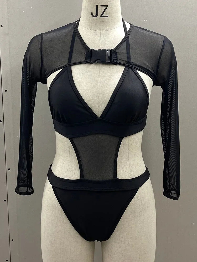 Neon Long Sleeve High Cut Out Women Swimwear One Piece Swimsuit