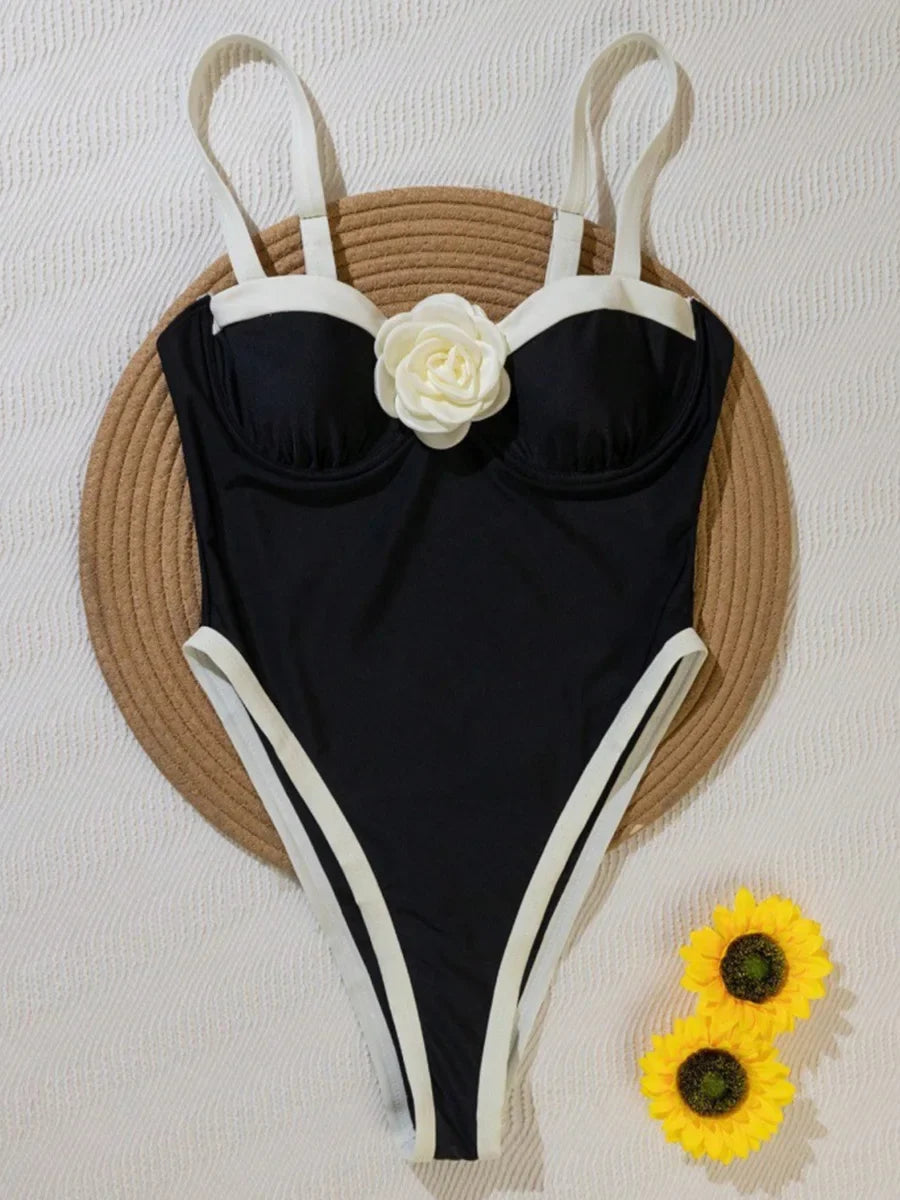 S - XXL 3D Flower Splicing High Leg Cut Women Swimwear One Piece Swimsuit