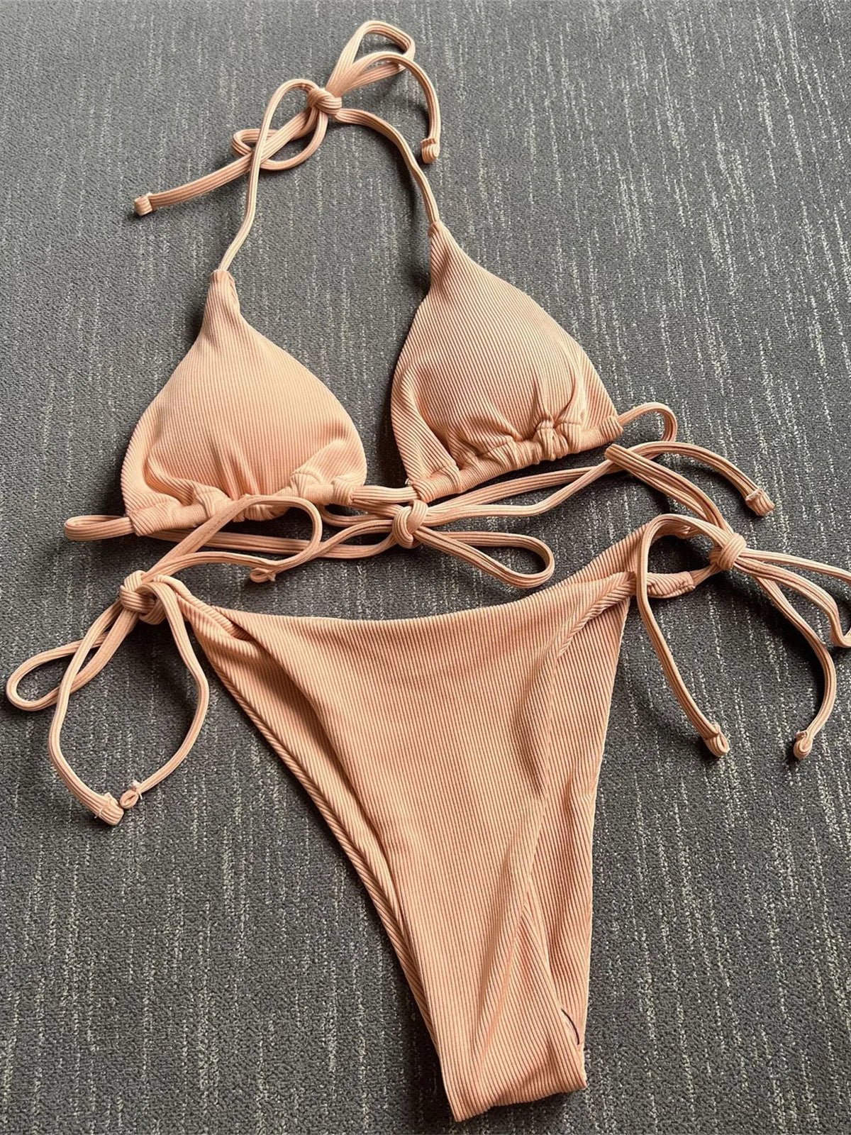Solid Red Halter Push Up Bra Tie Side Triangle Swimsuit