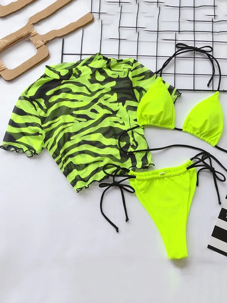 Zebra Print Mesh Short Sleeve Halter Mini Micro Bikini