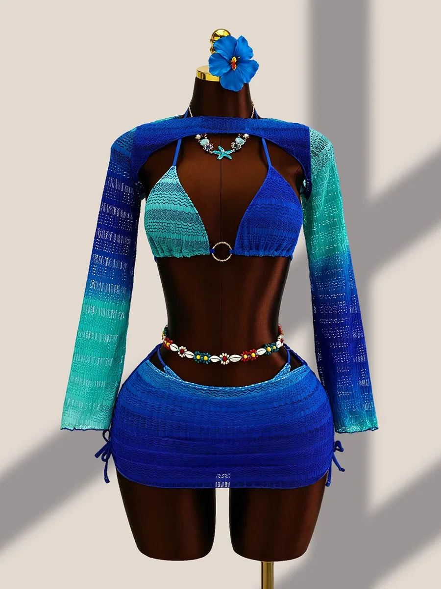 4PCS with Cover Up Skirt Gradient Knit Bikini