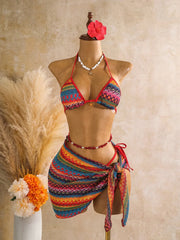 Vintage Red Striped Knitted Skirt 3 Piece Bikini Set