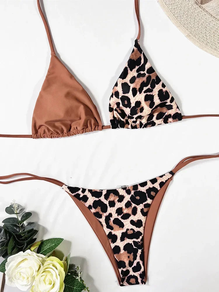 Halter Splicing Leopard Satin Bikini