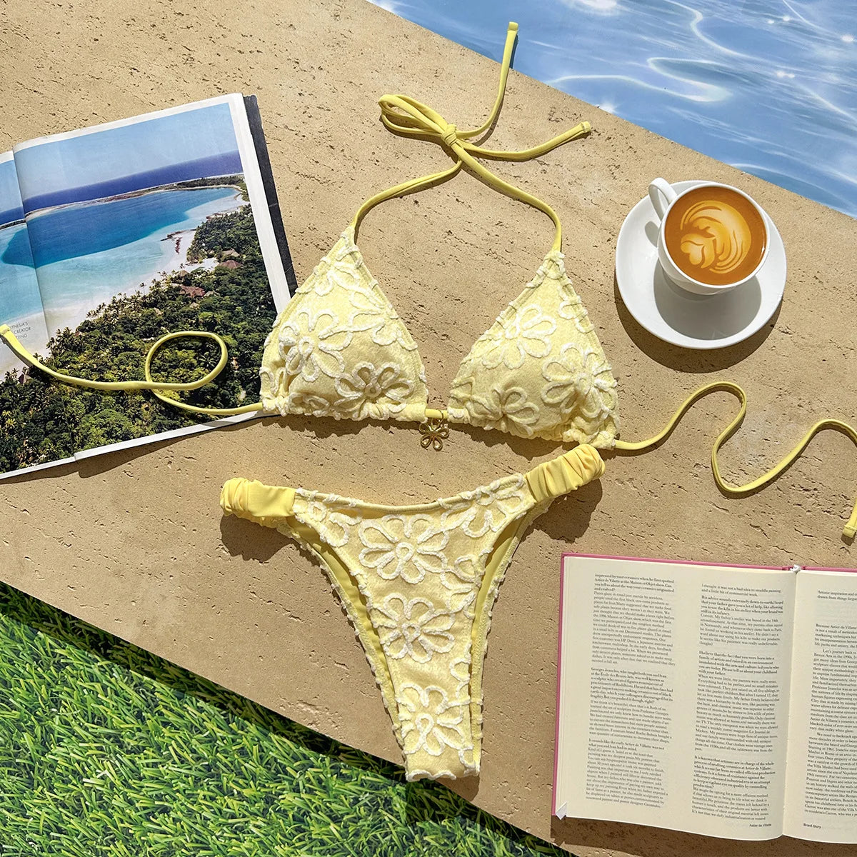 Sexy Yelllow 3D Flower Micro Bikini Set