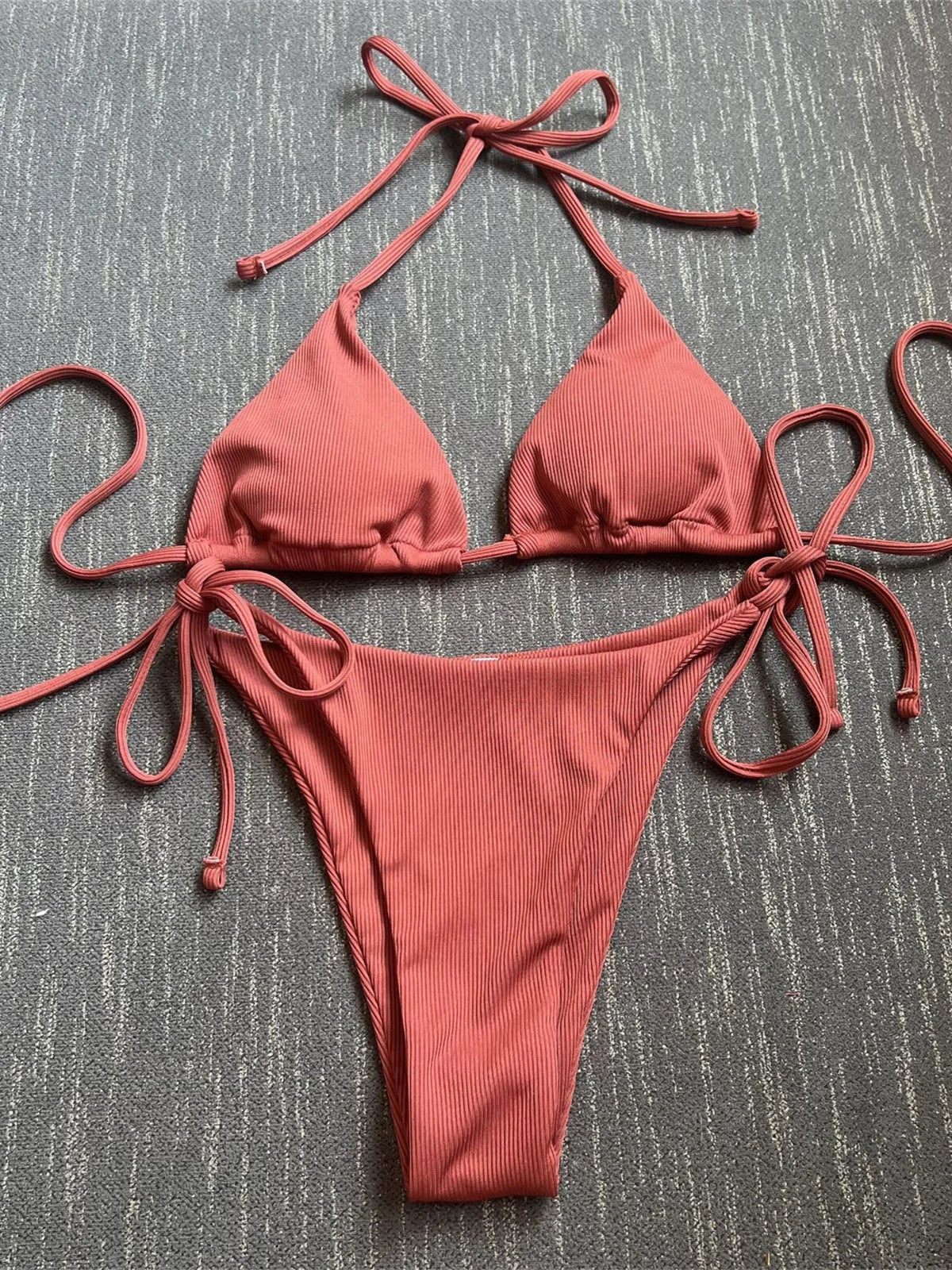 Solid Red Halter Push Up Bra Tie Side Triangle Swimsuit