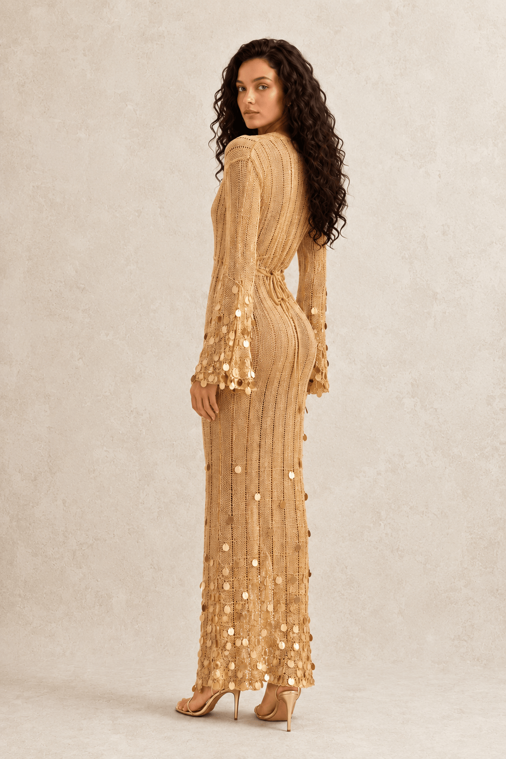 V Neck Belted Sequin Knit Maxi Dress