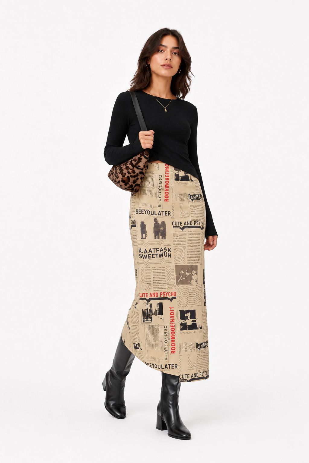 Y2K Vintage Newspaper Split Skirt