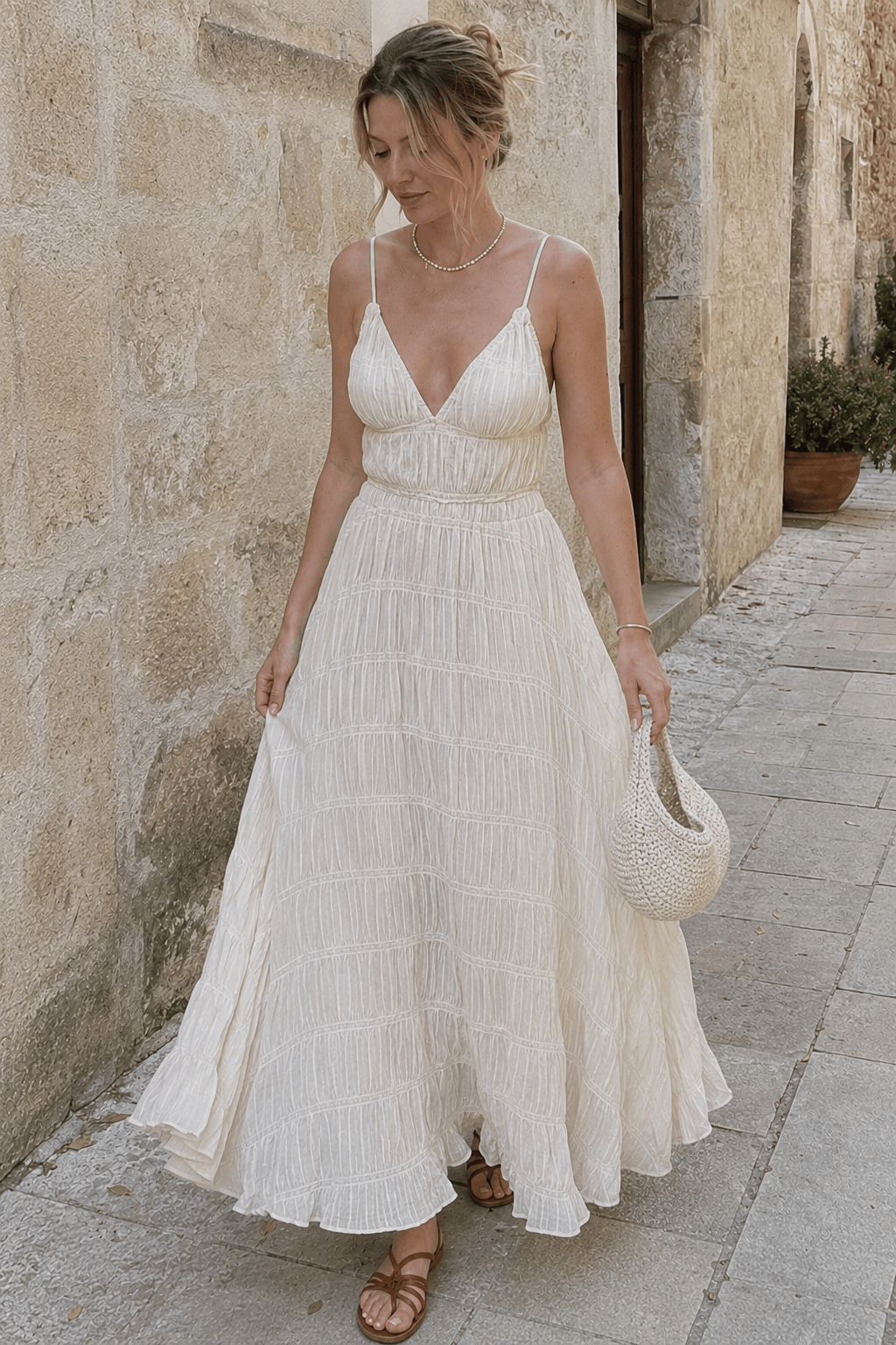 Spaghetti Strap Deep V Boho Dress